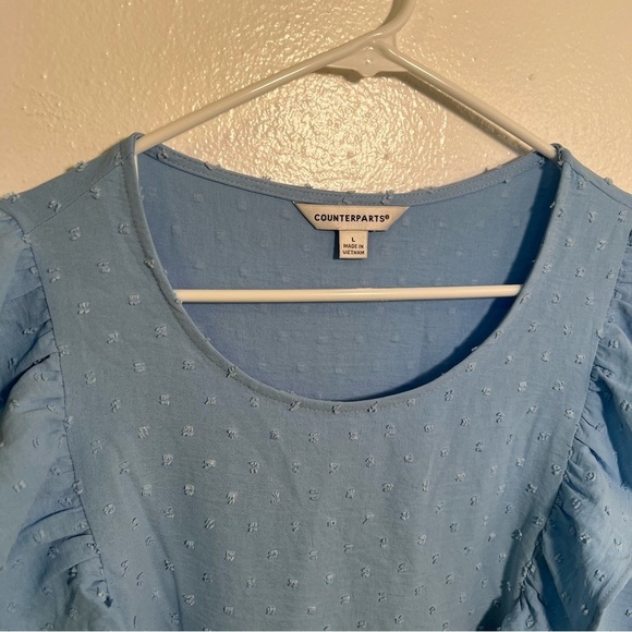 Counterparts Swiss Dot Blouse Light Blue Ruffle L - Picture 3 of 10